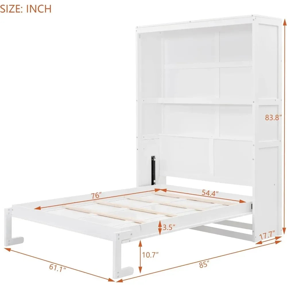 Full Size Murphy Bed, Wood Full Murphy Cabinet Bed with Shelves, for Home Office or Small Room, White