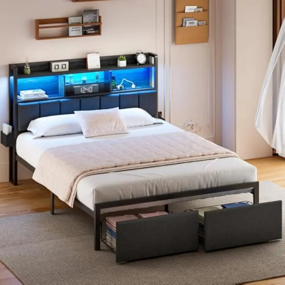 LED Queen Size Bed Frame with Storage Drawer and Charging Station, Metal Platform, No Box Spring Needed, Queen Size Bed Frame