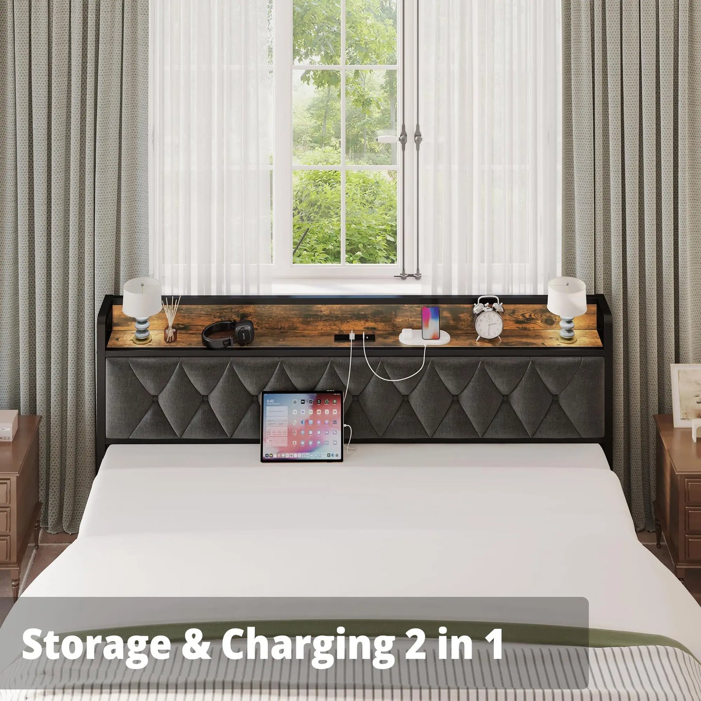 Twin/TwinXL/Full/Queen/King/CaliforniaKing Bed Frames, Storage Headboard with Outlets, No Noise, No Box Springs Needed