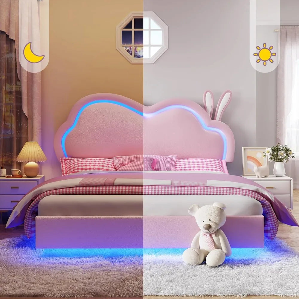 LED Queen Bed Frame for Girls Upholstered Floating Bed with Cute Cloud Headboard, No Box Spring Needed, Leather, Pink
