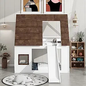 SOFTSEA Twin Size House Bunk Bed for Kids, Twin Over Twin Floor Bunk Bed with Tent and Windows Sills, Slide Ladder and Guardrail