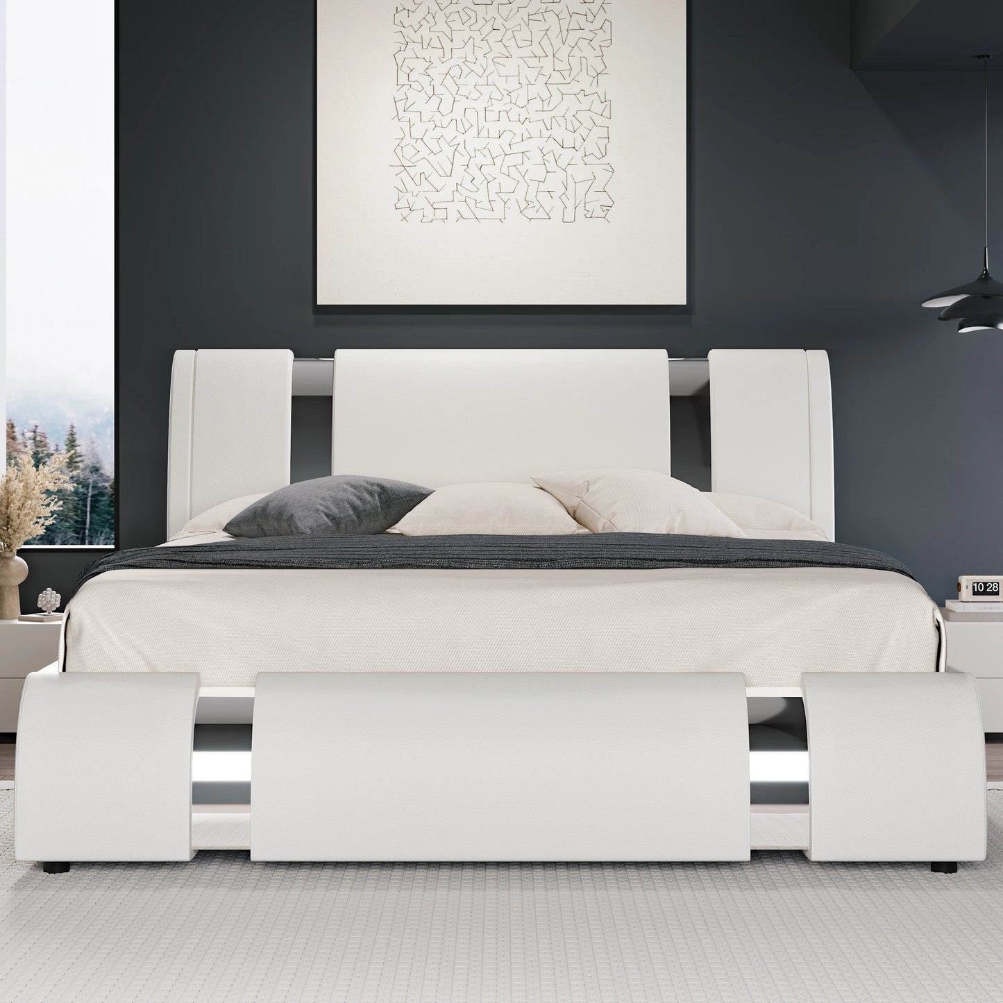Modern Faux Leather Bed Frame with Iron Pieces Decor, Low Profile Platform Bed with Height-Adjustable Headboard