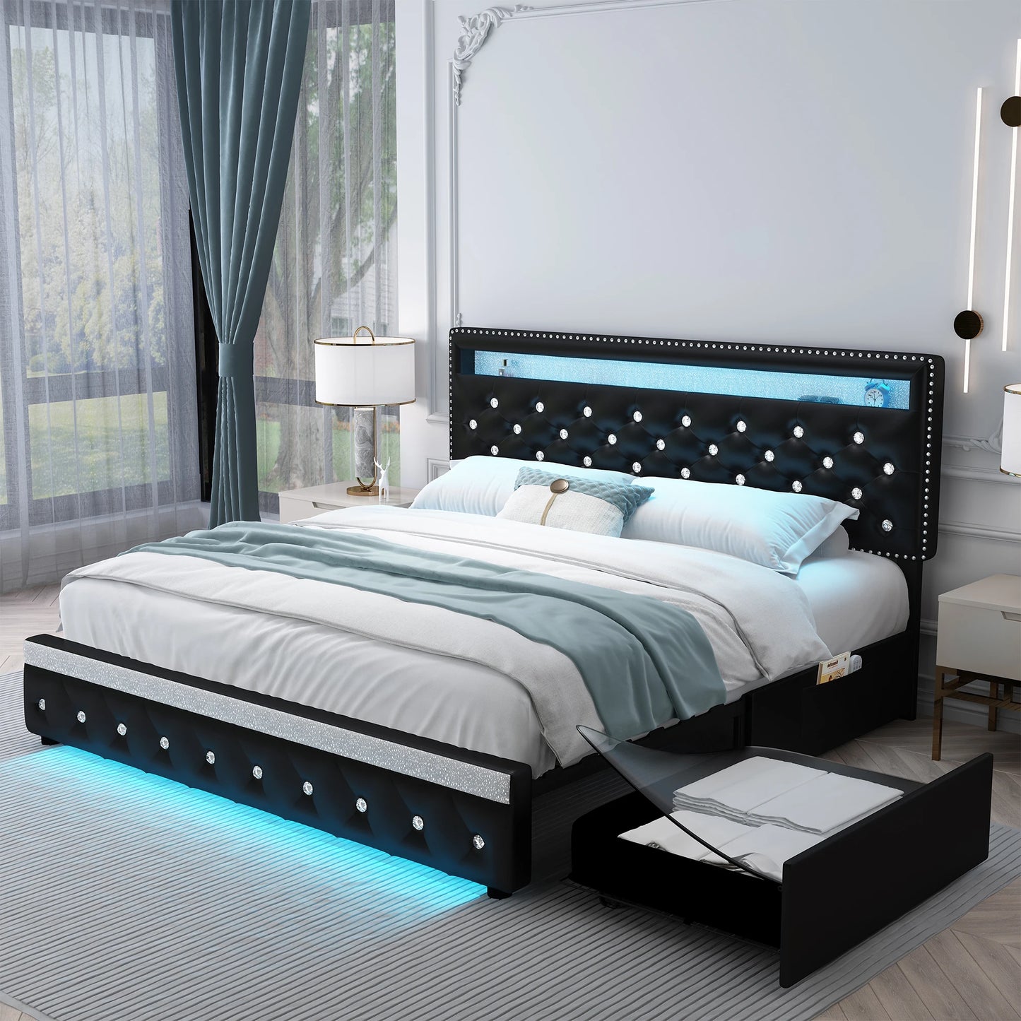 Modern Queen Bed Frame with Drawers, White PU Leather Upholstered Platform with Crystal Tufted Adjustable Headboard, Strong Meta