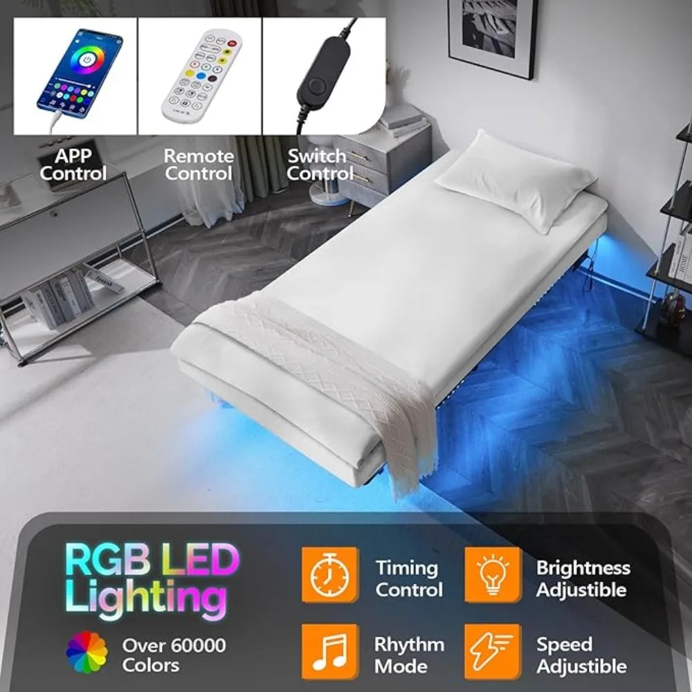 LED Twin Floating Bed Frame w/USB Charging Station, 14'' Platform Bed Frame Twin Size Heavy Duty Metal Bed, No Box Spring Needed
