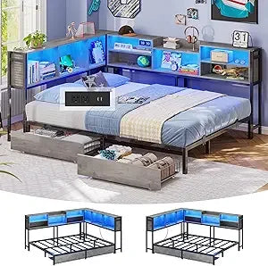 Full Corner Bed Frame with Storage Bookcase, Full Size Daybed with 2 Underneath Storage Drawers, Kids Bed Unit with Charging St
