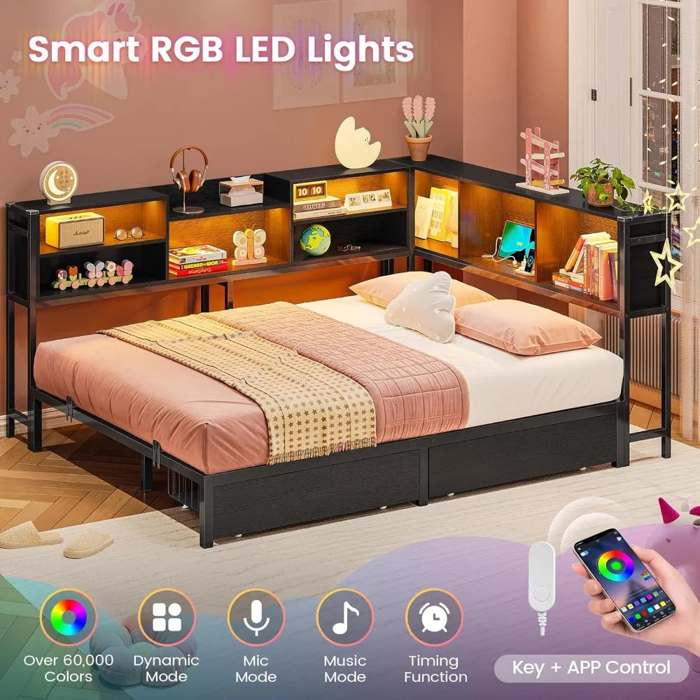 Full Corner Bed Frame with Storage Bookcase, Full Size Daybed with 2 Underneath Storage Drawers, Kids Bed Unit with Charging St
