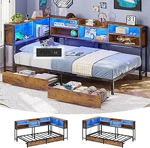 Full Corner Bed Frame with Storage Bookcase, Full Size Daybed with 2 Underneath Storage Drawers, Kids Bed Unit with Charging St