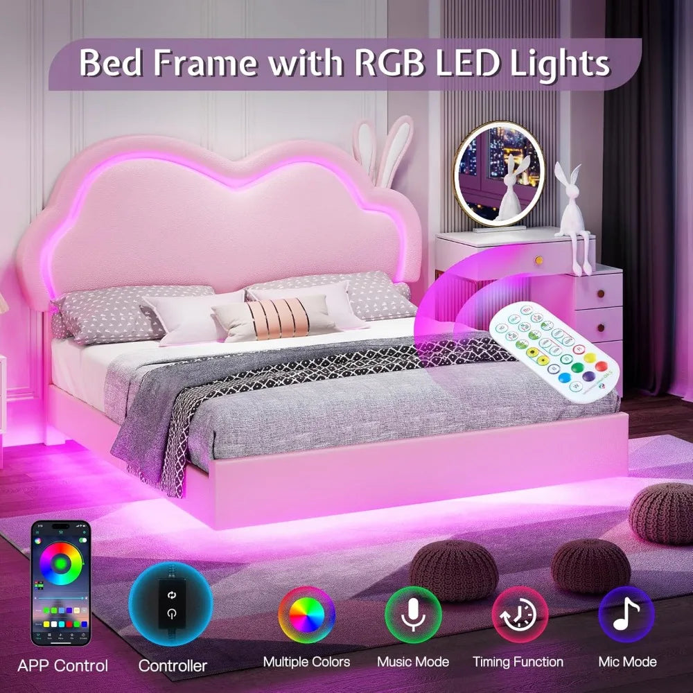 LED Queen Bed Frame for Girls Upholstered Floating Bed with Cute Cloud Headboard, No Box Spring Needed, Leather, Pink