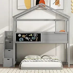 SOFTSEA Twin Size House Bunk Bed for Kids, Twin Over Twin Floor Bunk Bed with Tent and Windows Sills, Slide Ladder and Guardrail