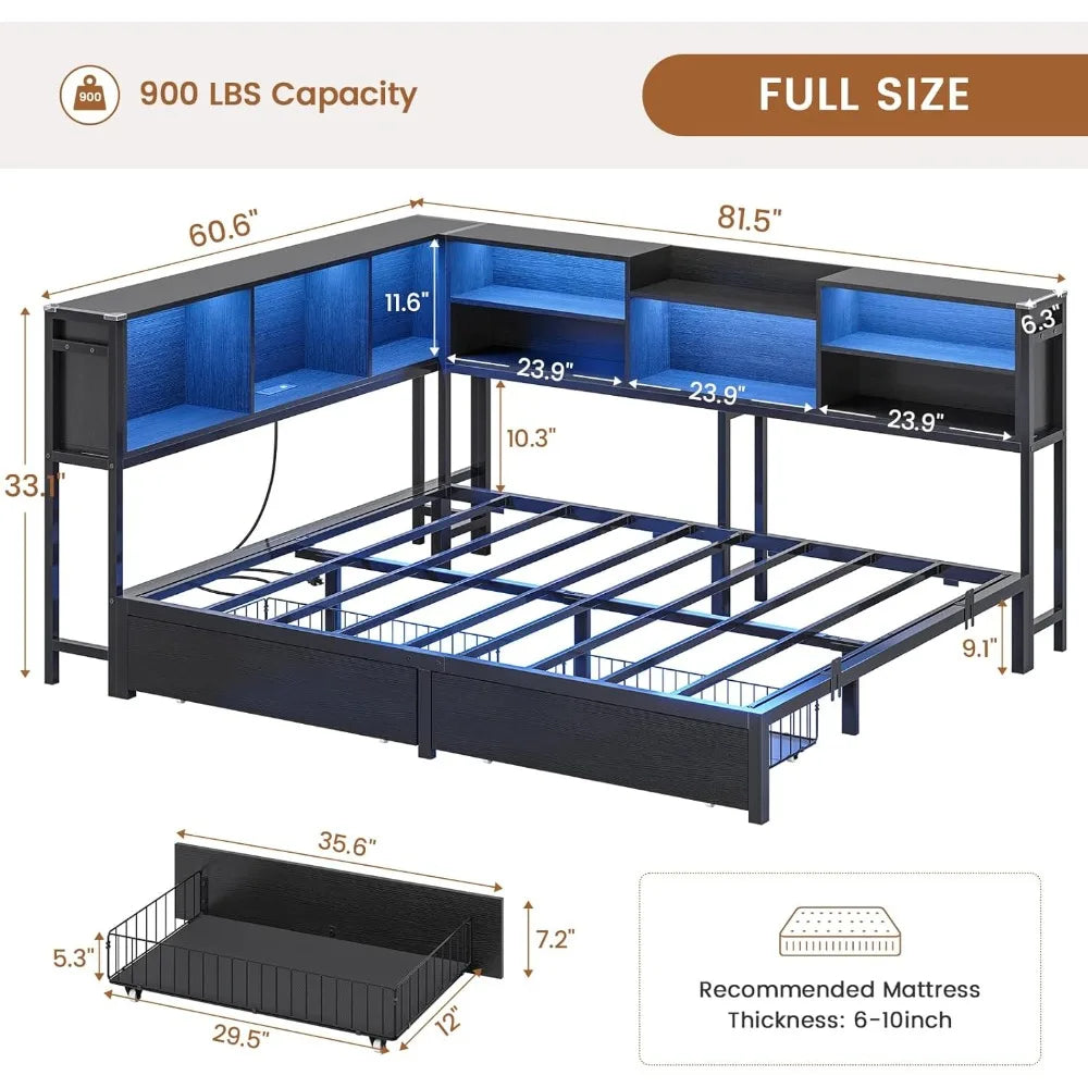 Full Corner Bed Frame with Storage Bookcase, Full Size Daybed with 2 Underneath Storage Drawers, Kids Bed Unit with Charging St