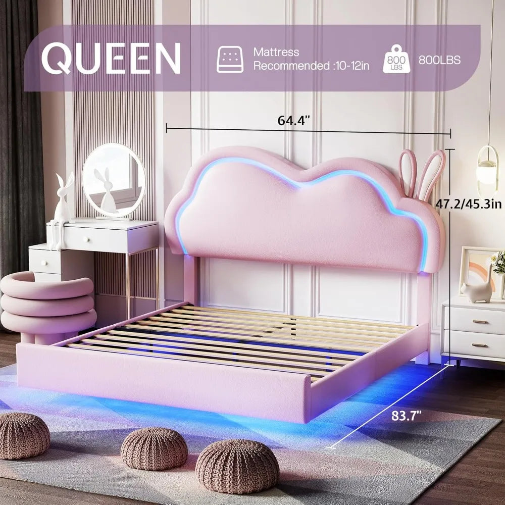 LED Queen Bed Frame for Girls Upholstered Floating Bed with Cute Cloud Headboard, No Box Spring Needed, Leather, Pink