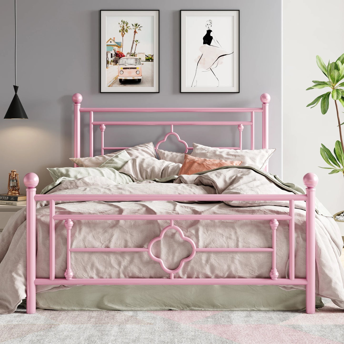 14 Inch Metal Platform Bed Frame, Vintage Victorian Style, Wrought Iron Headboard and Footboard