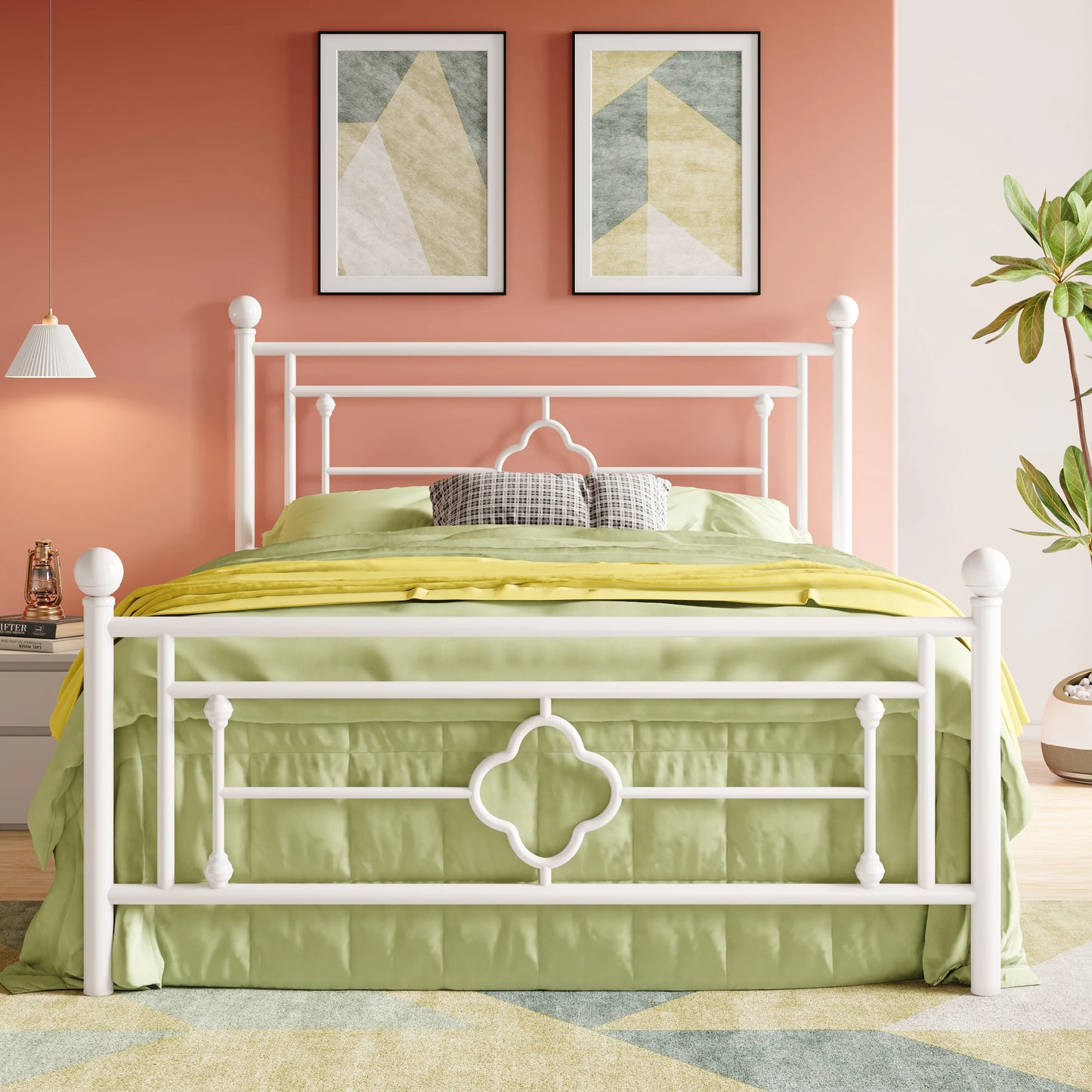 14 Inch Metal Platform Bed Frame, Vintage Victorian Style, Wrought Iron Headboard and Footboard
