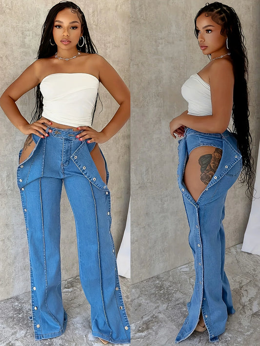 Women's High Waist Wide Leg Jeans - Elastic Split Design, Loose Street Fashion Pants, Casual Vintage Denim for Spring Summer