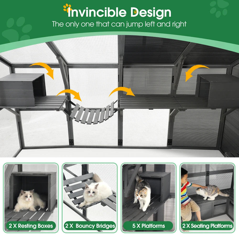 Luxury Cat Cage Outdoor Wooden Catio Enclosure Patio Large Cat Run House for Multiple Pets Walk in Kitten Kennel with Bouncy