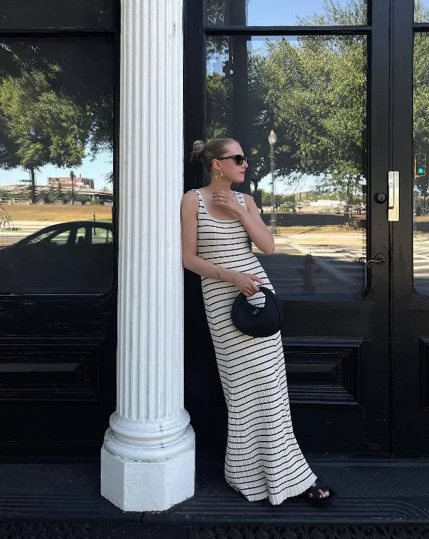 Striped vest color contrast European and American wind beach vacation sexy long skirt knitted pit strip long dress summer girl