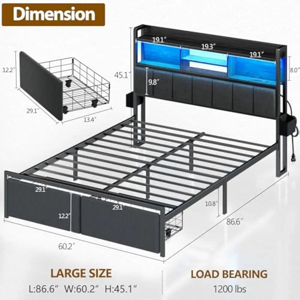 LED Queen Size Bed Frame with Storage Drawer and Charging Station, Metal Platform, No Box Spring Needed, Queen Size Bed Frame