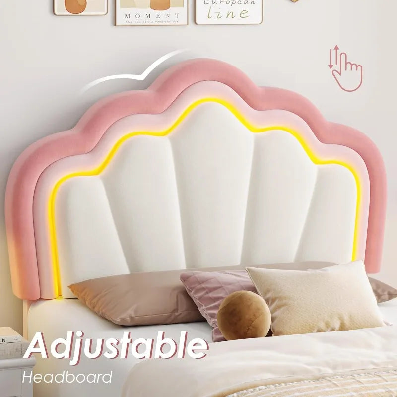 HOSTACK Twin Upholstered LED Bed Frame with Storage Drawer, Cute Girls Bed,Velvet Princess Platform Bed Frame,  Pink/Beige