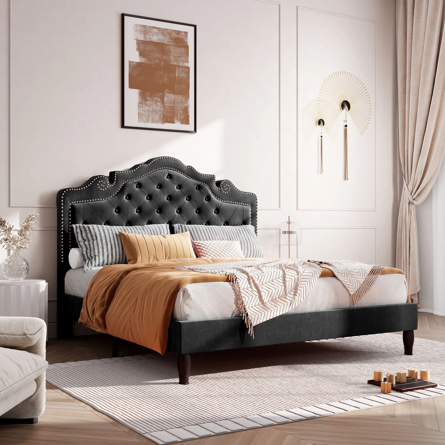 Bed Frame with Adjustable Velvet Tiara Headboard, Upholstered Diamond Button Tufted Platform Bed, Wood Slats Support,