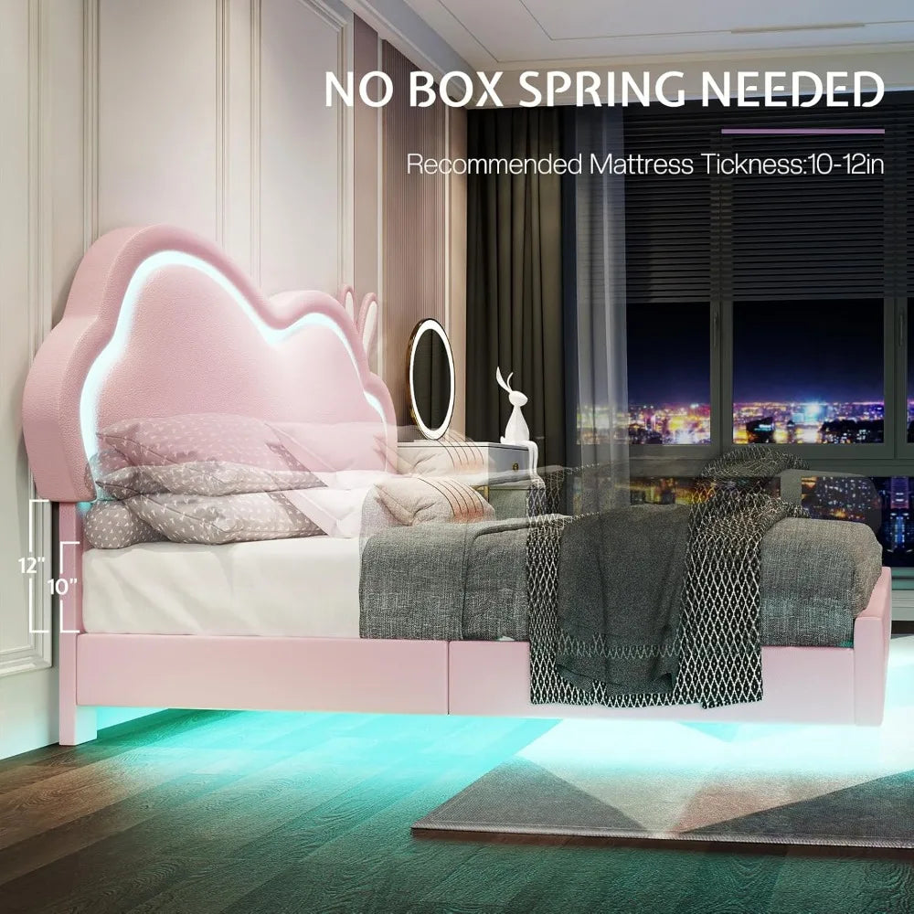 LED Queen Bed Frame for Girls Upholstered Floating Bed with Cute Cloud Headboard, No Box Spring Needed, Leather, Pink