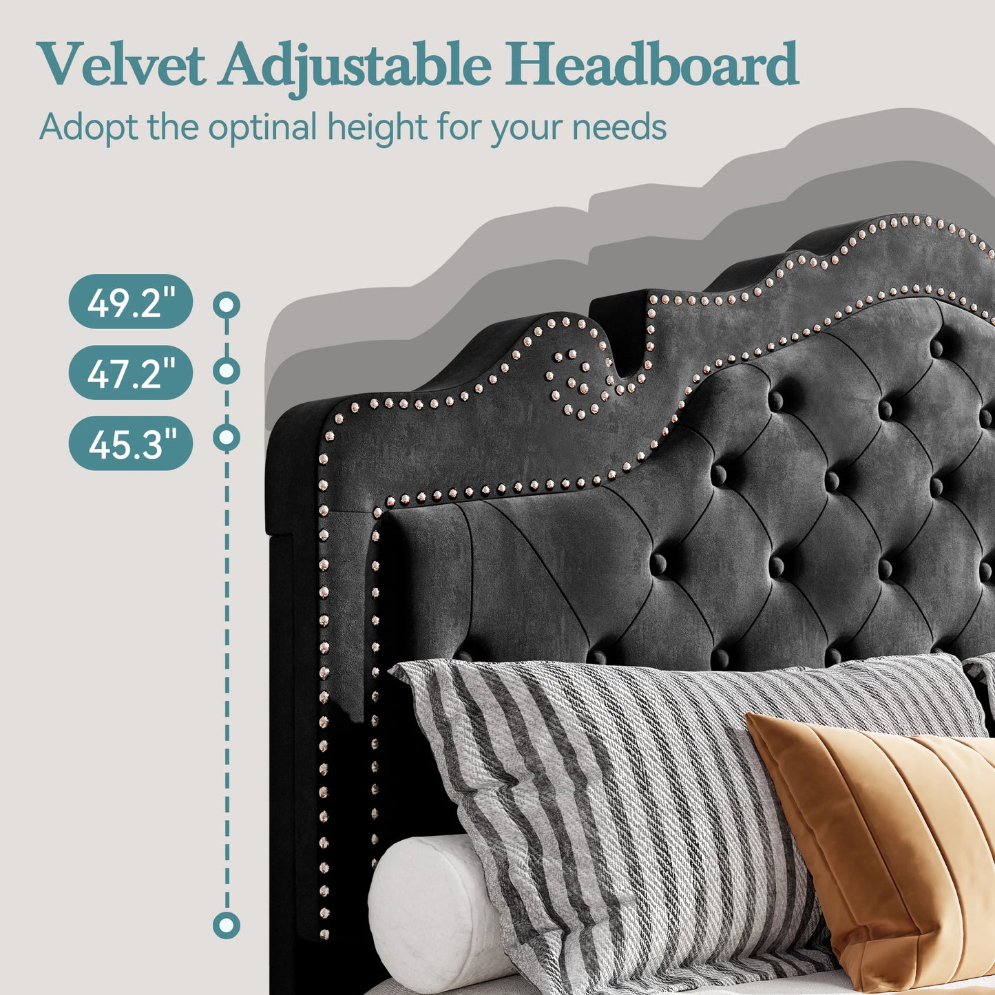 Bed Frame with Adjustable Velvet Tiara Headboard, Upholstered Diamond Button Tufted Platform Bed, Wood Slats Support,