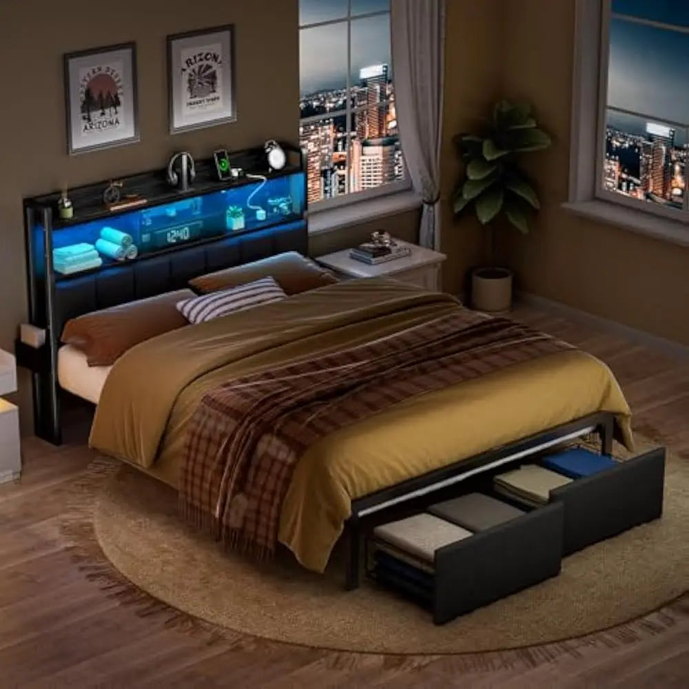 LED Queen Size Bed Frame with Storage Drawer and Charging Station, Metal Platform, No Box Spring Needed, Queen Size Bed Frame