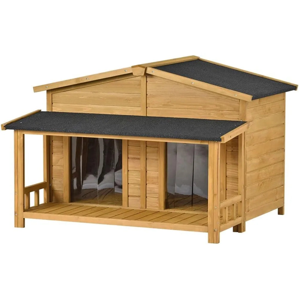 Large Dog House for 2 Dogs, Outdoor Indoor Weatherproof Feral Dog Kennel with Elevated Floor, Porch and 2 Doors, Outside Extreme