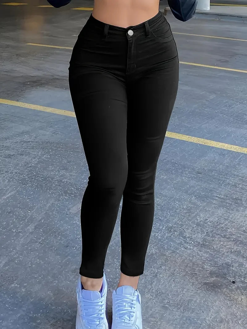 Women Simple Slim Wash Casual Style Jeans Zipper Button Closed Denim Pants