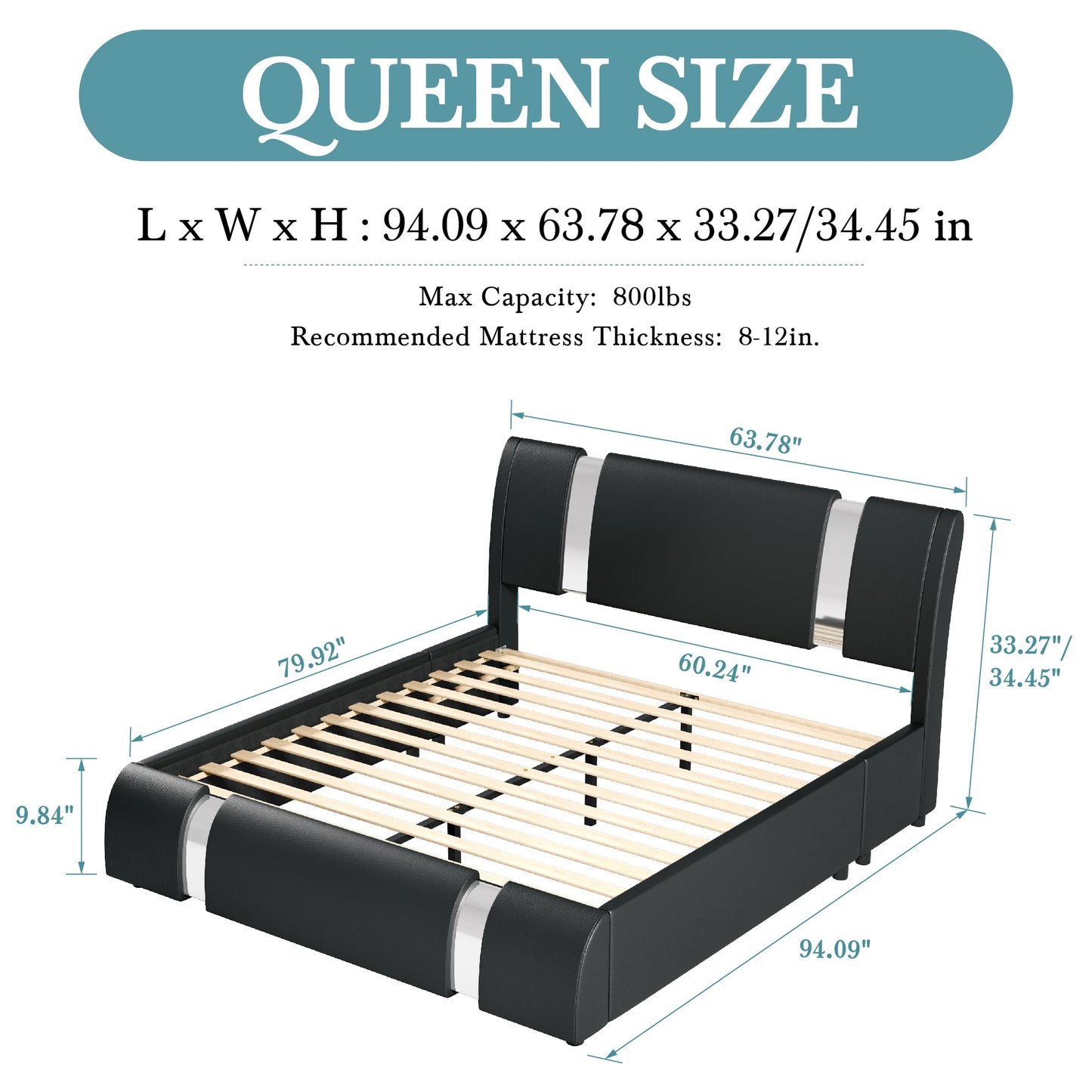 Modern Faux Leather Bed Frame with Iron Pieces Decor, Low Profile Platform Bed with Height-Adjustable Headboard