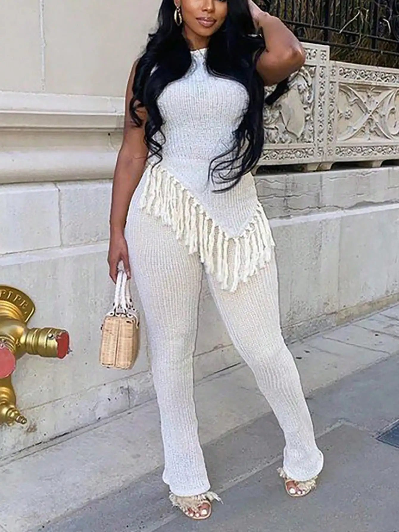 Solid Fringed Suit Short Sleeved Round nNeck top Sexy Trousers 2 Piece Women's Party Streetwear Set 2025
