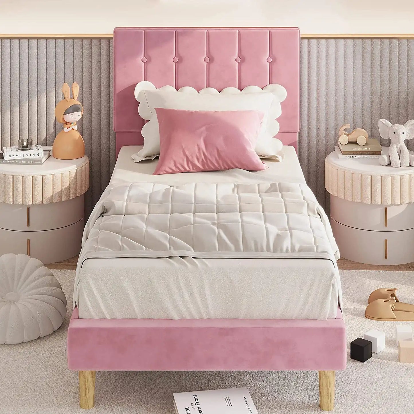 LIKIMIO Twin Bed Frames, Velvet Upholstered Platform Bed Frame with Headboard and Strong Wooden Slats, Pink/Grey/Blue/Beige