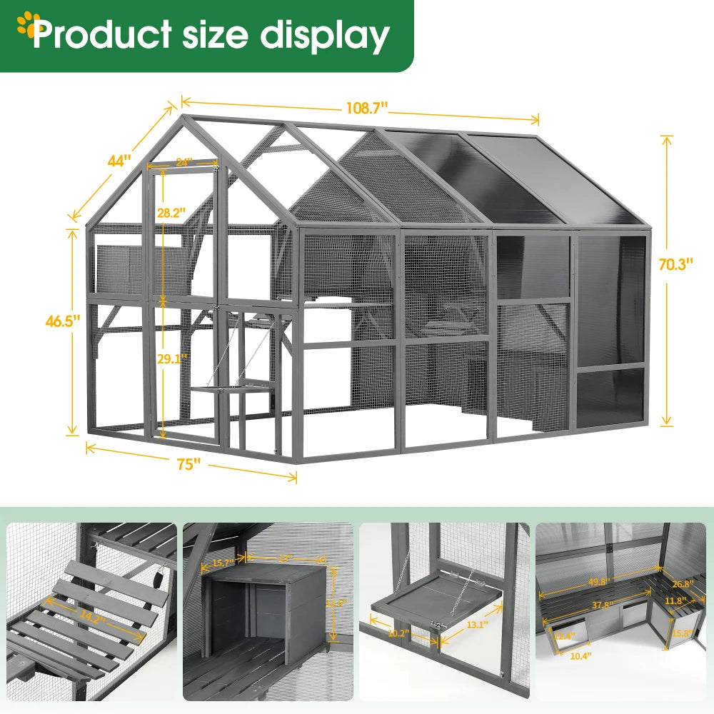Luxury Cat Cage Outdoor Wooden Catio Enclosure Patio Large Cat Run House for Multiple Pets Walk in Kitten Kennel with Bouncy