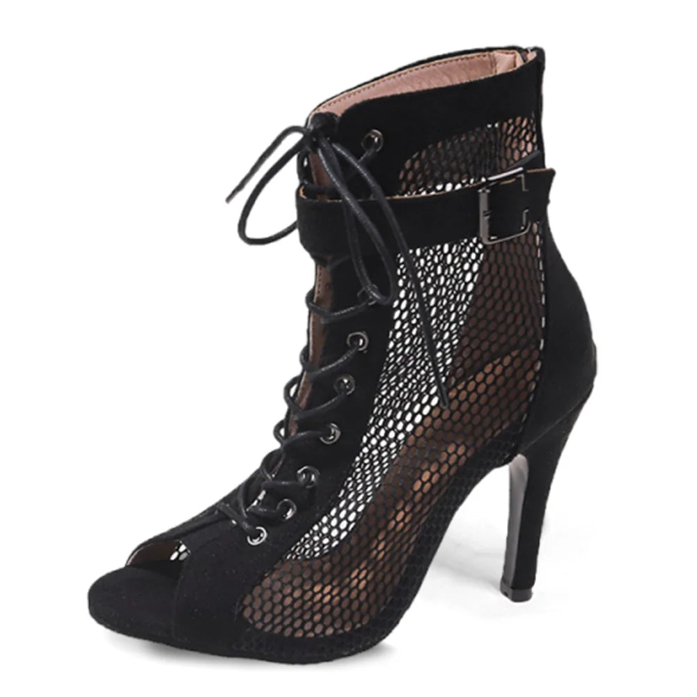 Women Mesh Sandals Peep Toe High Top Sandals Lace Up Ballroom Boots Buckle Strap Summer Boots Pump Shoes for Party