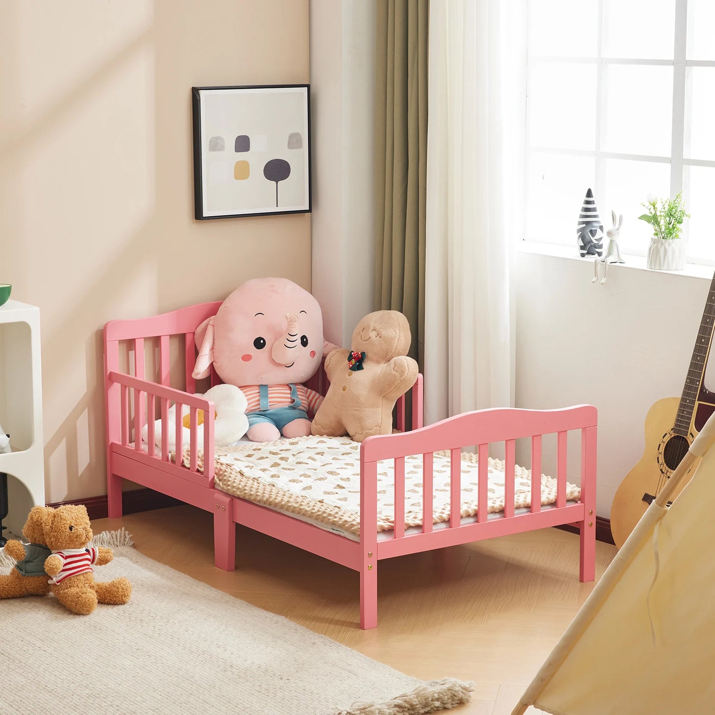 Single Vertical Board with Guardrails on Both Sides, Pink, 135*75*62.5cm, Wooden Bed, Pine, Children's
