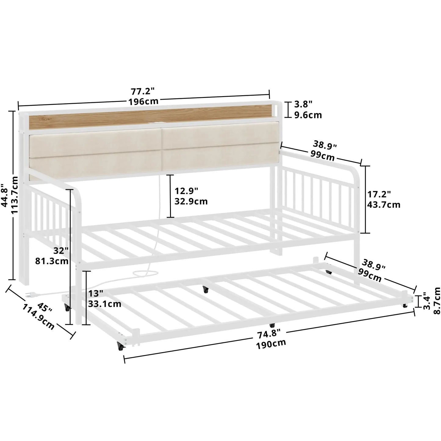 LIKIMIO Bed Daybed with Trundle, Sturdy Metal Twin Bed Frame with Upholstered Headboard Charging Station Living Room, Bedroom