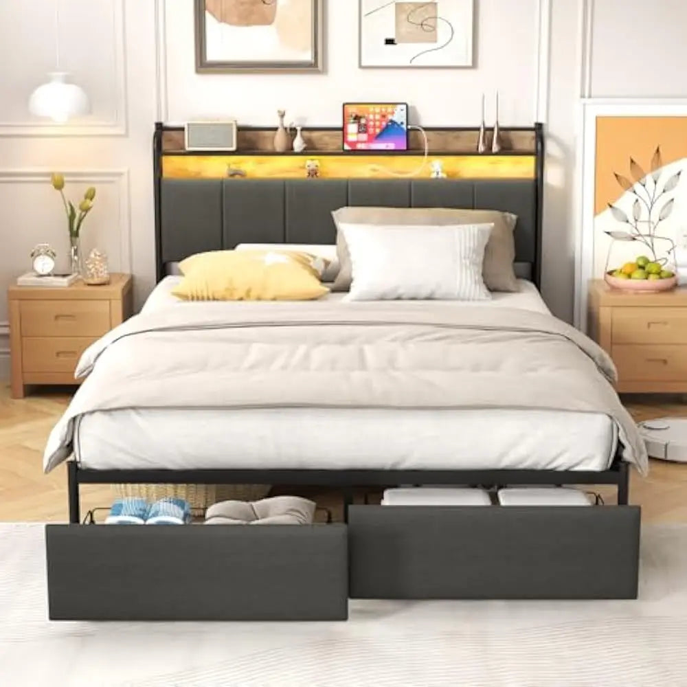 LED Queen Size Bed Frame with Storage Drawer and Charging Station, Metal Platform, No Box Spring Needed, Queen Size Bed Frame