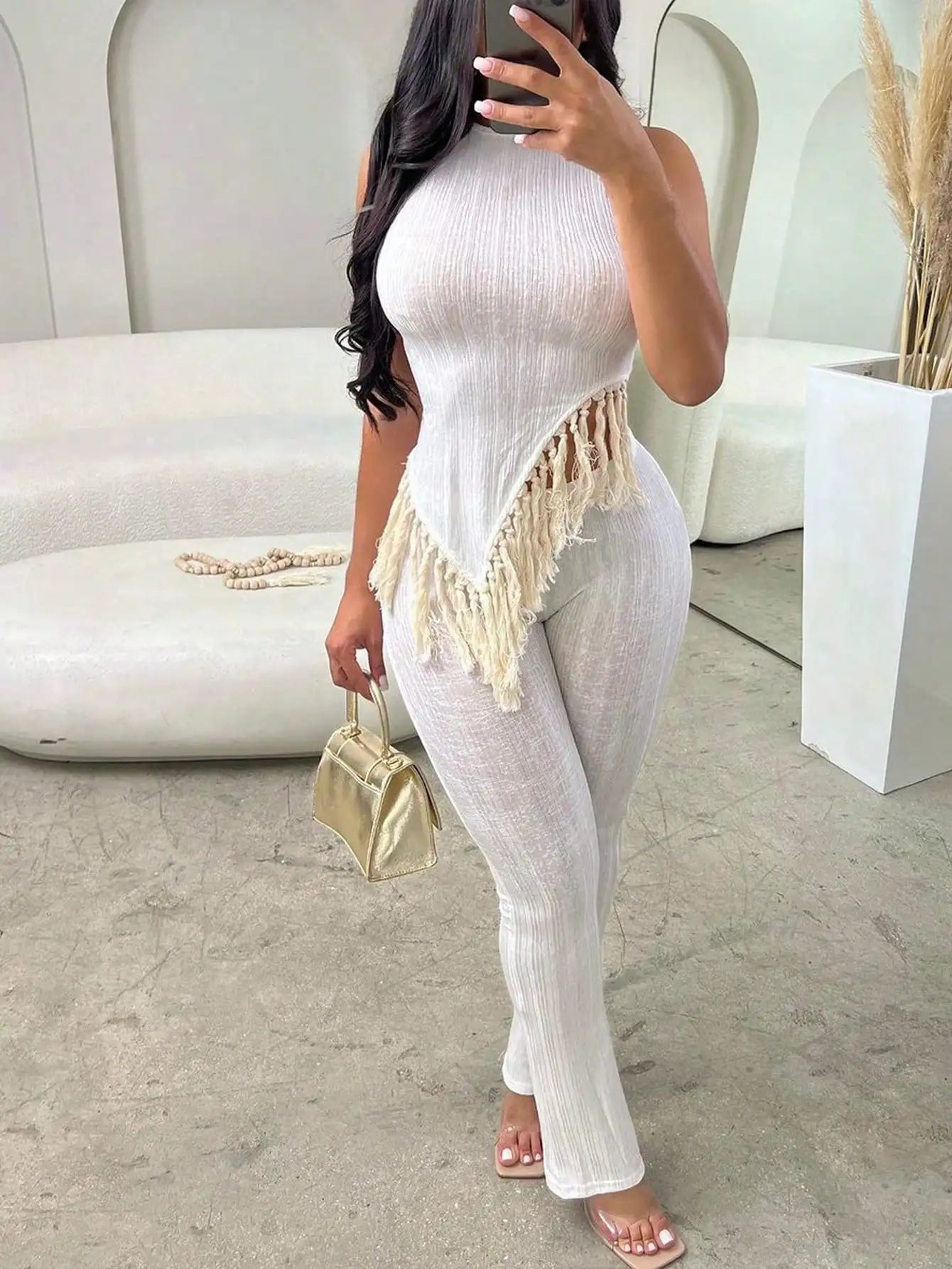 Solid Fringed Suit Short Sleeved Round nNeck top Sexy Trousers 2 Piece Women's Party Streetwear Set 2025