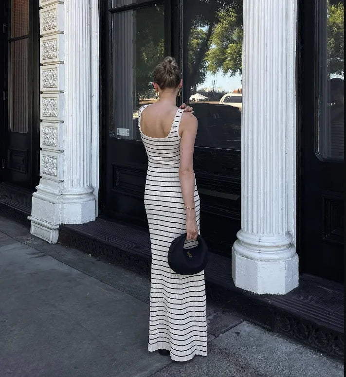 Striped vest color contrast European and American wind beach vacation sexy long skirt knitted pit strip long dress summer girl