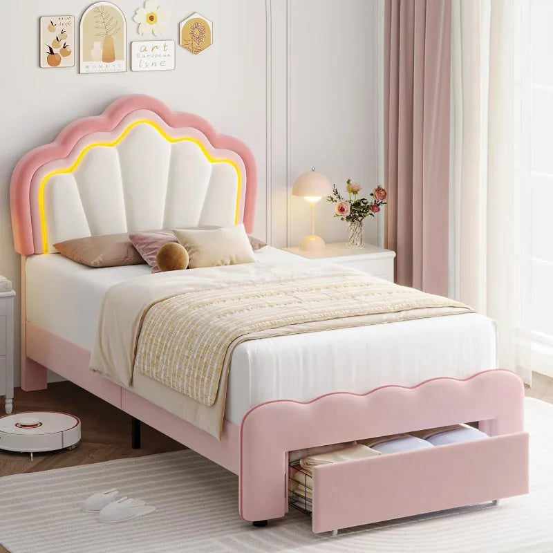 HOSTACK Twin Upholstered LED Bed Frame with Storage Drawer, Cute Girls Bed,Velvet Princess Platform Bed Frame,  Pink/Beige