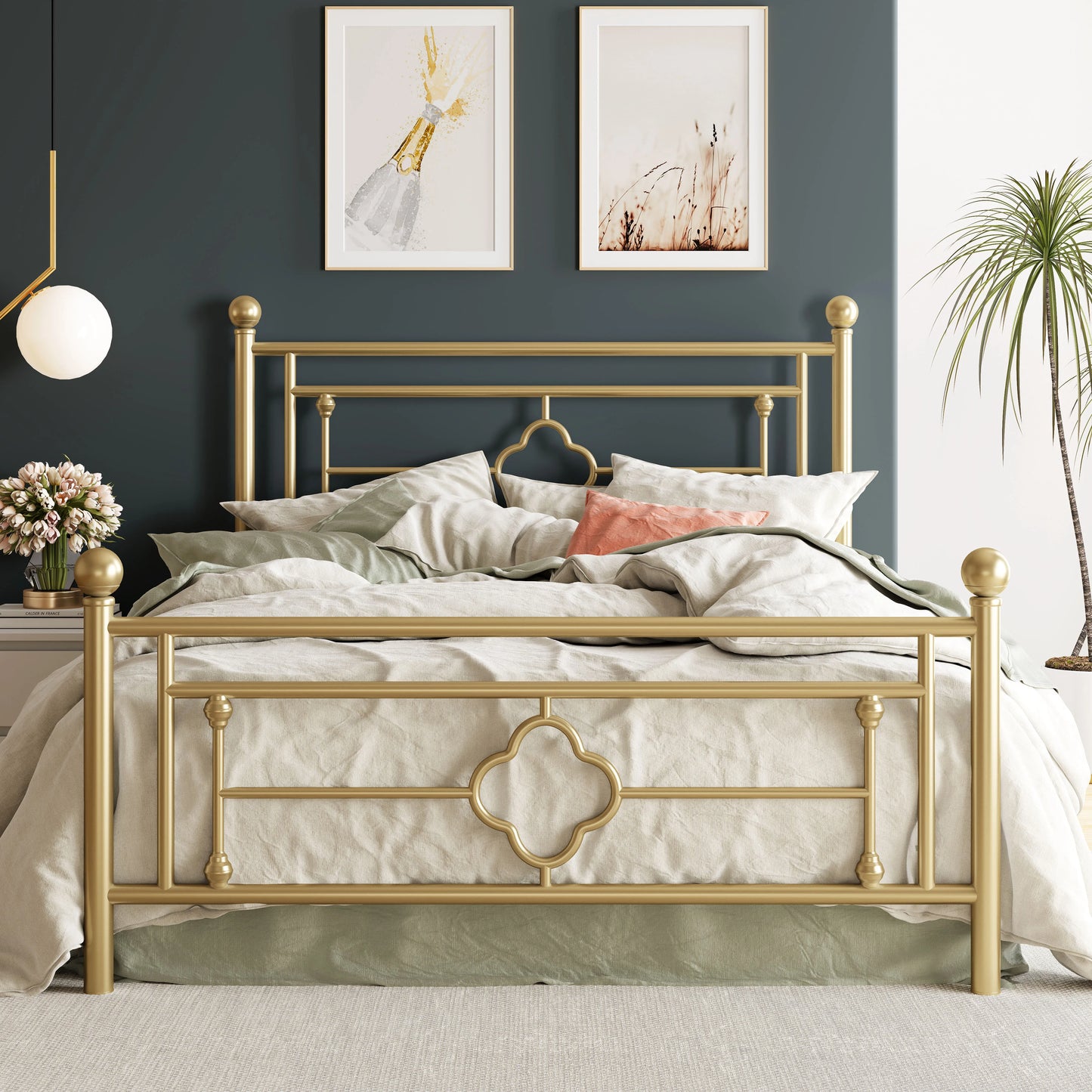 14 Inch Metal Platform Bed Frame, Vintage Victorian Style, Wrought Iron Headboard and Footboard