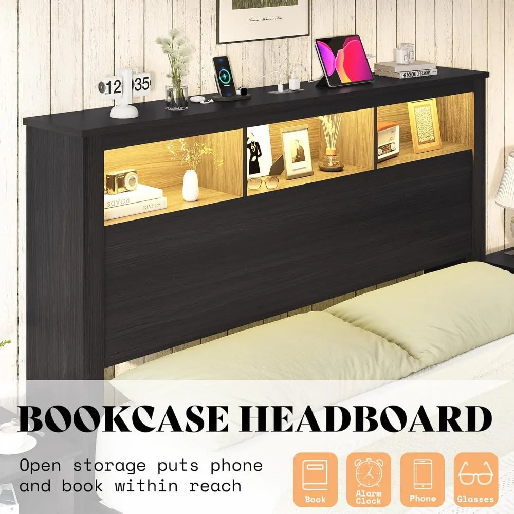 Queen Size Bed with Bookcase Storage Headboard and Footboard, LED Platform Bed Frame with Charging Station/No Box Spring Needed