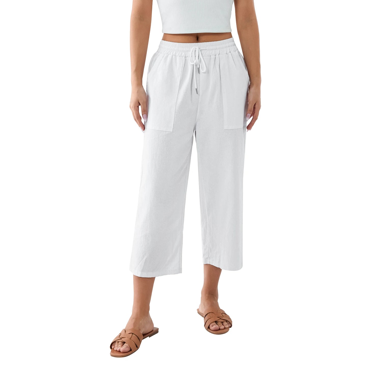 Women s Summer Capris Drawstring Elastic Waist Solid Color Loose Cropped Pants Casual Trousers