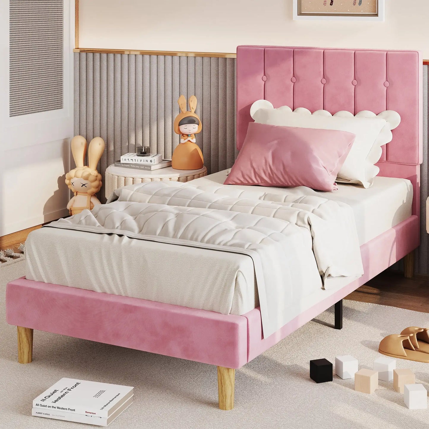 LIKIMIO Twin Bed Frames, Velvet Upholstered Platform Bed Frame with Headboard and Strong Wooden Slats, Pink/Grey/Blue/Beige