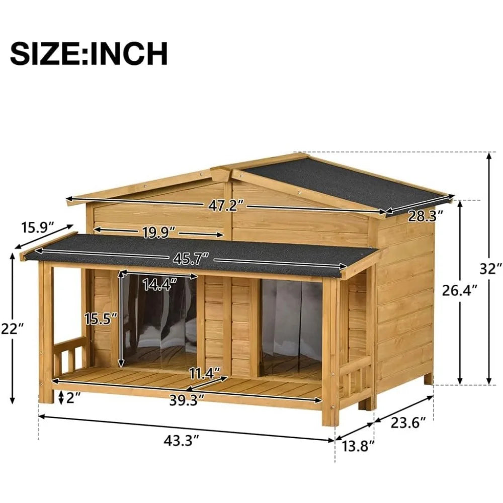 Large Dog House for 2 Dogs, Outdoor Indoor Weatherproof Feral Dog Kennel with Elevated Floor, Porch and 2 Doors, Outside Extreme