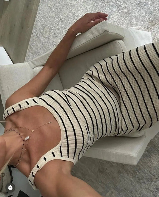 Striped vest color contrast European and American wind beach vacation sexy long skirt knitted pit strip long dress summer girl