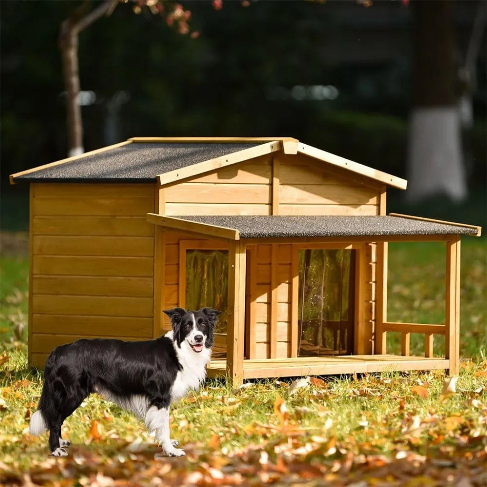 Large Dog House for 2 Dogs, Outdoor Indoor Weatherproof Feral Dog Kennel with Elevated Floor, Porch and 2 Doors, Outside Extreme