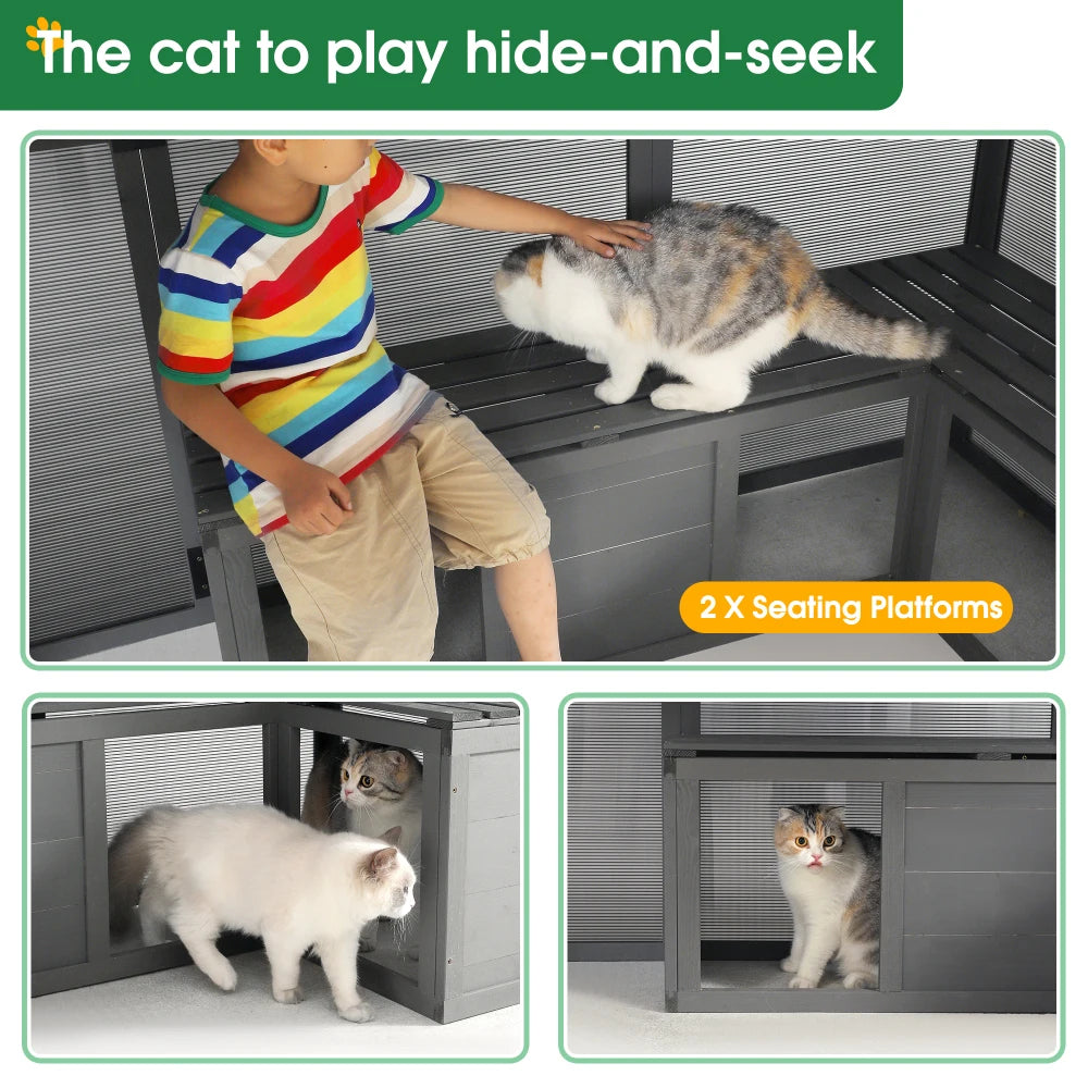 Luxury Cat Cage Outdoor Wooden Catio Enclosure Patio Large Cat Run House for Multiple Pets Walk in Kitten Kennel with Bouncy