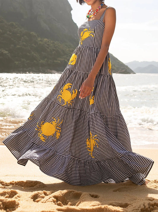 Women s Boho Floral Print Spaghetti Strap Maxi Dress V-Neck Sleeveless Summer Beach Dress with Tiered Skirt and Embroidery