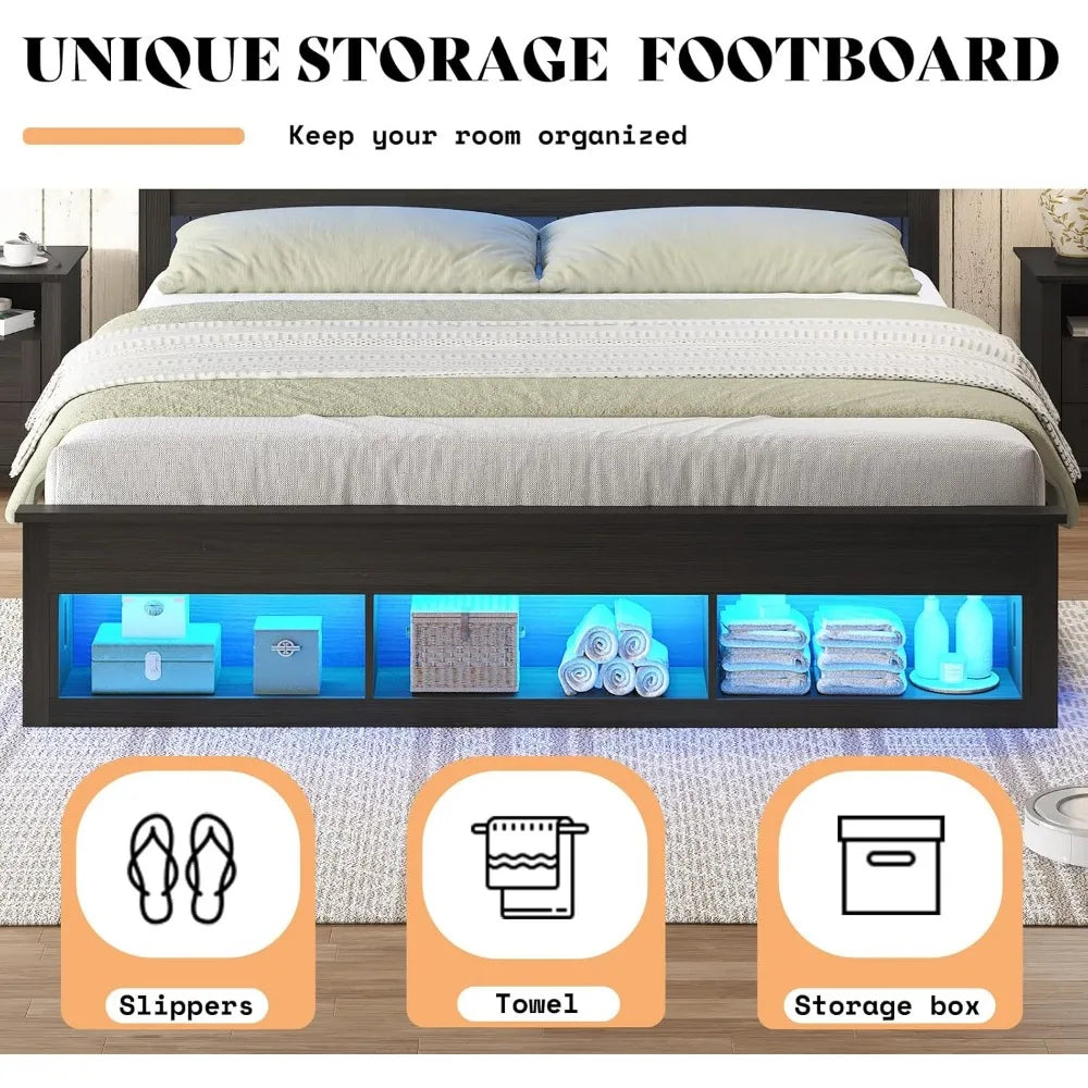 Queen Size Bed with Bookcase Storage Headboard and Footboard, LED Platform Bed Frame with Charging Station/No Box Spring Needed