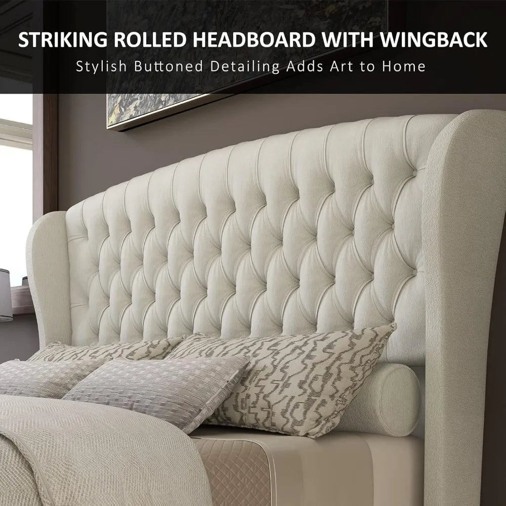 AMERLIFE King Size Platform Bed Frame, Chenille Upholstered Sleigh Bed with Scroll Wingback Headboard & Footboard/Button Tufted/